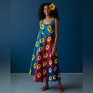 Ankara African Colorful Bird Print Tent Dress Sz L Caftan Midi Stripe Polka Dot